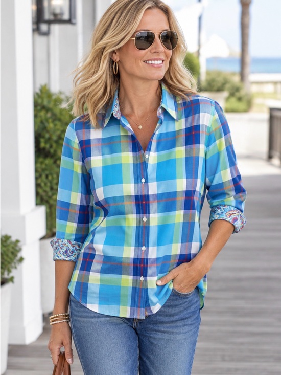 Chaps Tops - Chaps NO IRON Button Up Shirt Blue Plaid Top 3/4 Sleeve Women Sz Large ~ NWT